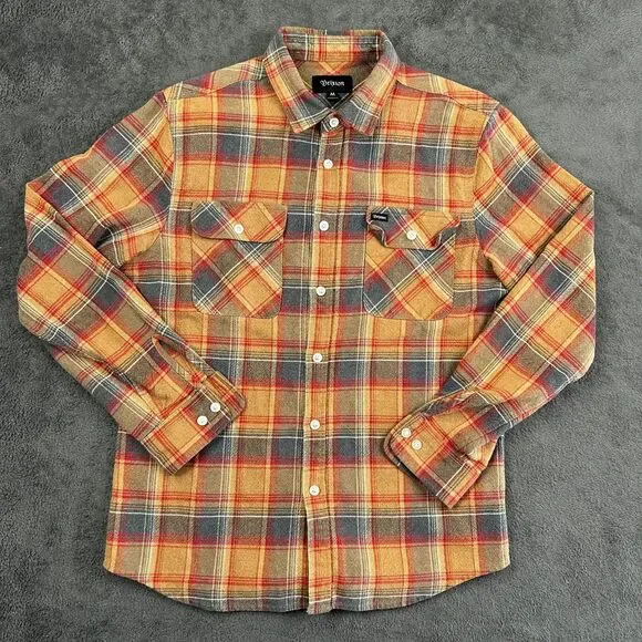 Brixton Rugged Cotton Flannel Men’s Medium Brown Red Long Sleeve Plaid Skate - Picture 2 of 7